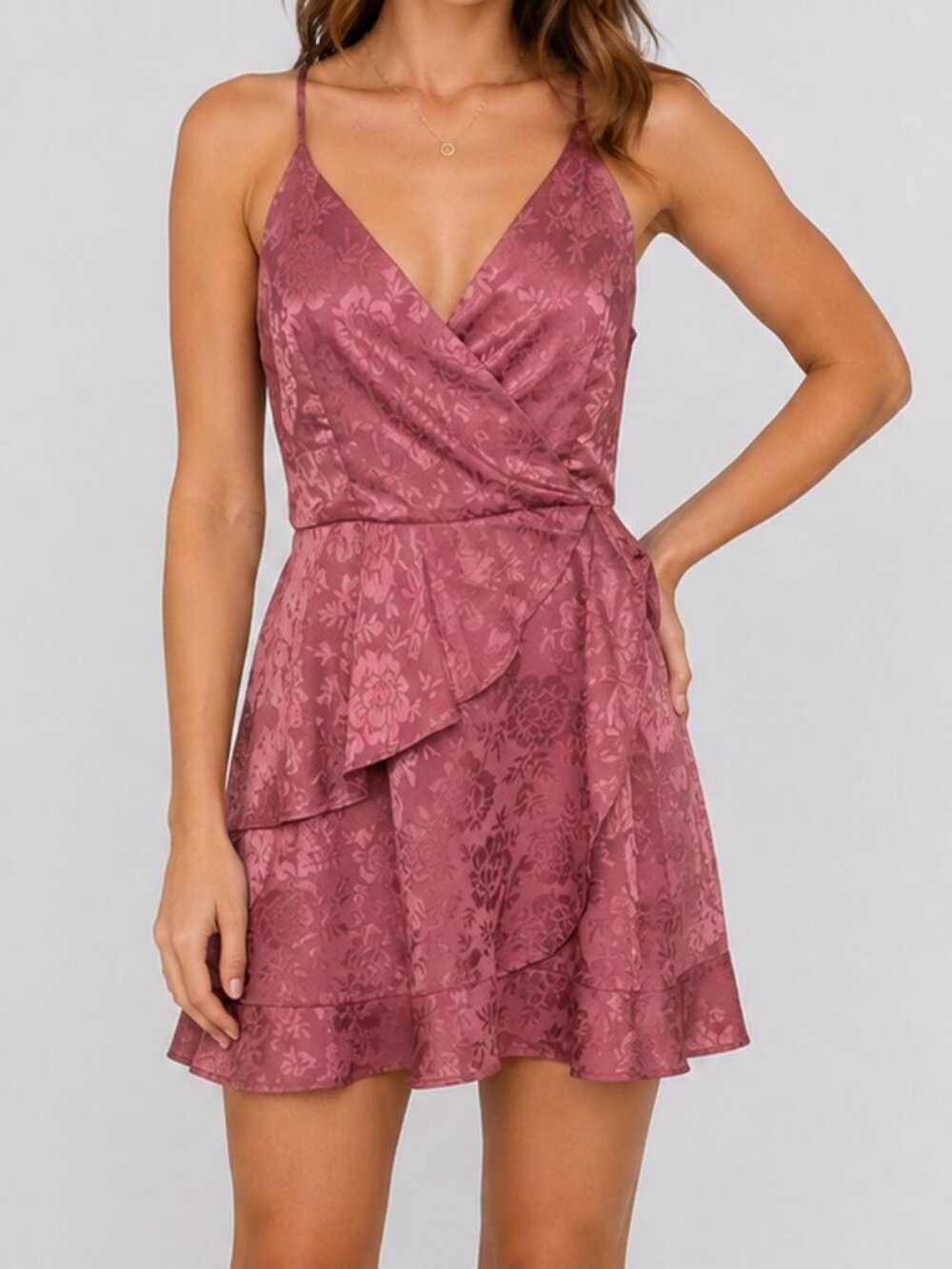 Altard State Dusty Rose Floral Satin Wrap Ruffle Mini Dress Romantic Fairy Small